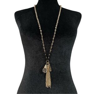 Beaded Tassel Necklace 36 Inch Length Rhinestone Accent